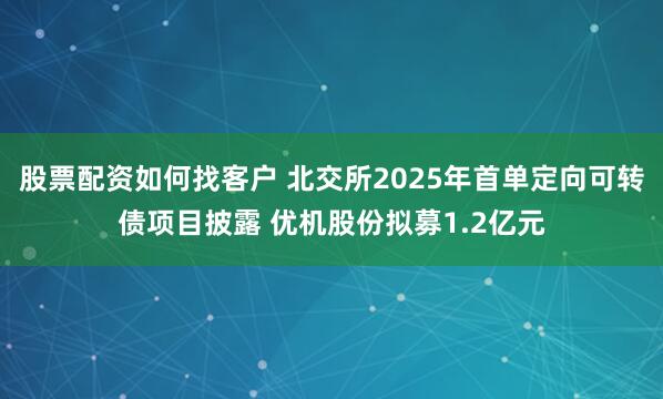 股票配资如何找客户 北交所2025年首单定向可转债项目披露 优机股份拟募1.2亿元